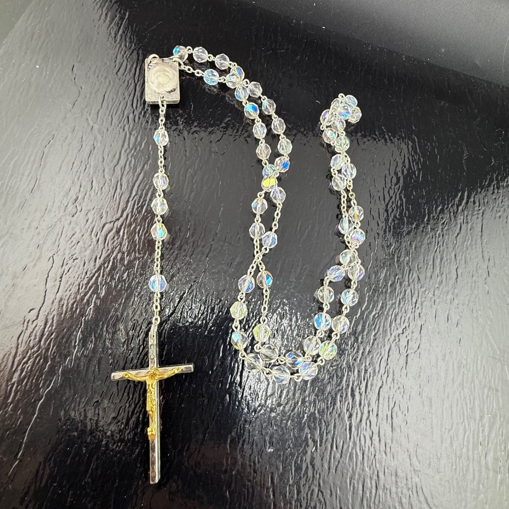 Vintage Estate Rosary Clear Aurora Borealis Glass Beaded Relic Italy 32"